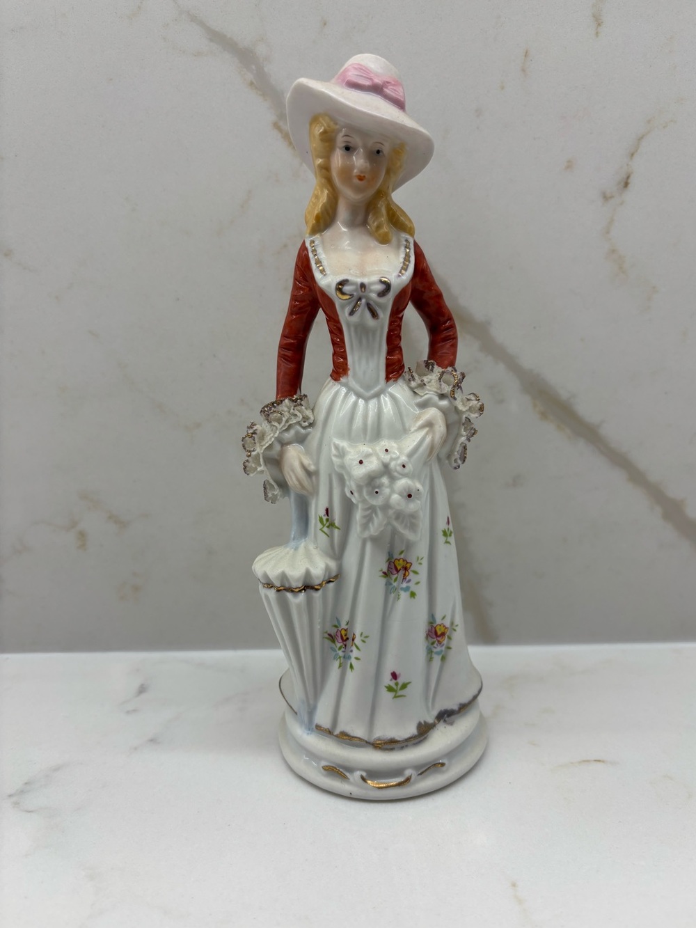 Vintage Porcelain Victorian Lady with Umbrella and Hat Spaghetti Trim